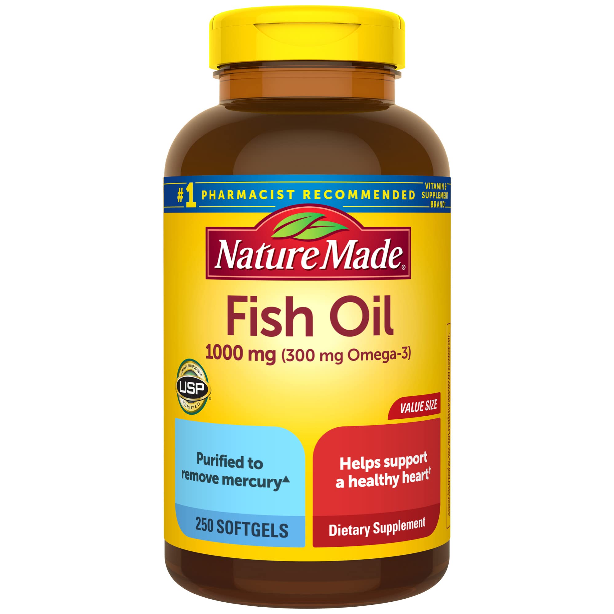 Nature Made Fish Oil 1000 mg Softgels, Fish Oil Supplements, Omega 3 Fish Oil for Healthy Heart Support, Omega 3 Supplement with 250 Softgels, 125 Day Supply
