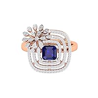 Certified 18K Gold Ring in Octagon Cut Purple Color Moissanite Stone (1 ct, Created), Round Cut Natural Diamond (0.48 ct) with White/Yellow/Rose Gold Promise Ring for Women