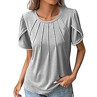 Summer Pleated Tops for Women Cute Lace Crochet Short Sleeve Casual Slim Fit Crew Neck T-Shirts Ladies Fashion Blouse