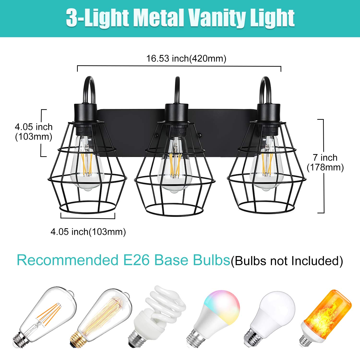 Mlambert 3-Light Industrial Bathroom Vanity Light, Vintage Metal Cage Wall Sconce, Rustic Farmhouse Wall Light Fixture, Wall Lamps for Bedroom, Living Room, Mirror Cabinet, Black (Bulb Not Included)