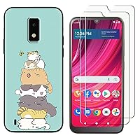 for BLU View 4 Case with 2 Tempered Glass Screen Protectors, Cat Pattern Design, Slim Shockproof Protective Soft Silicone Phone Case Cover for Girls Women Boys (Cat)