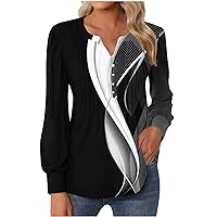 Womens Tops Long Sleeve Henley Shirts V Neck Blouses Fashion Printed Buttons Up Tunics Flowy Pleated Blouses