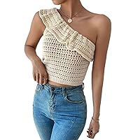 Womens Summer Tops Sexy Casual T Shirts Tops One Shoulder Ruffle Trim Pointelle Knit Top
