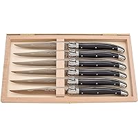 Jean Dubost Laguiole 6 Steak Knives Set French Steak Knife Set of 6, Made in France With a Microfiber Cleaning Towel (Bundle 6 Knives, wood Box and Microdermabrasion Towel)) (Black)