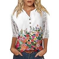 Ladies Summer Tops and Blouses 2023 Women V Neck 3/4 Sleeve Shirts Lace Casual Loose Elbow Length Work Tunic Plus Size Tops