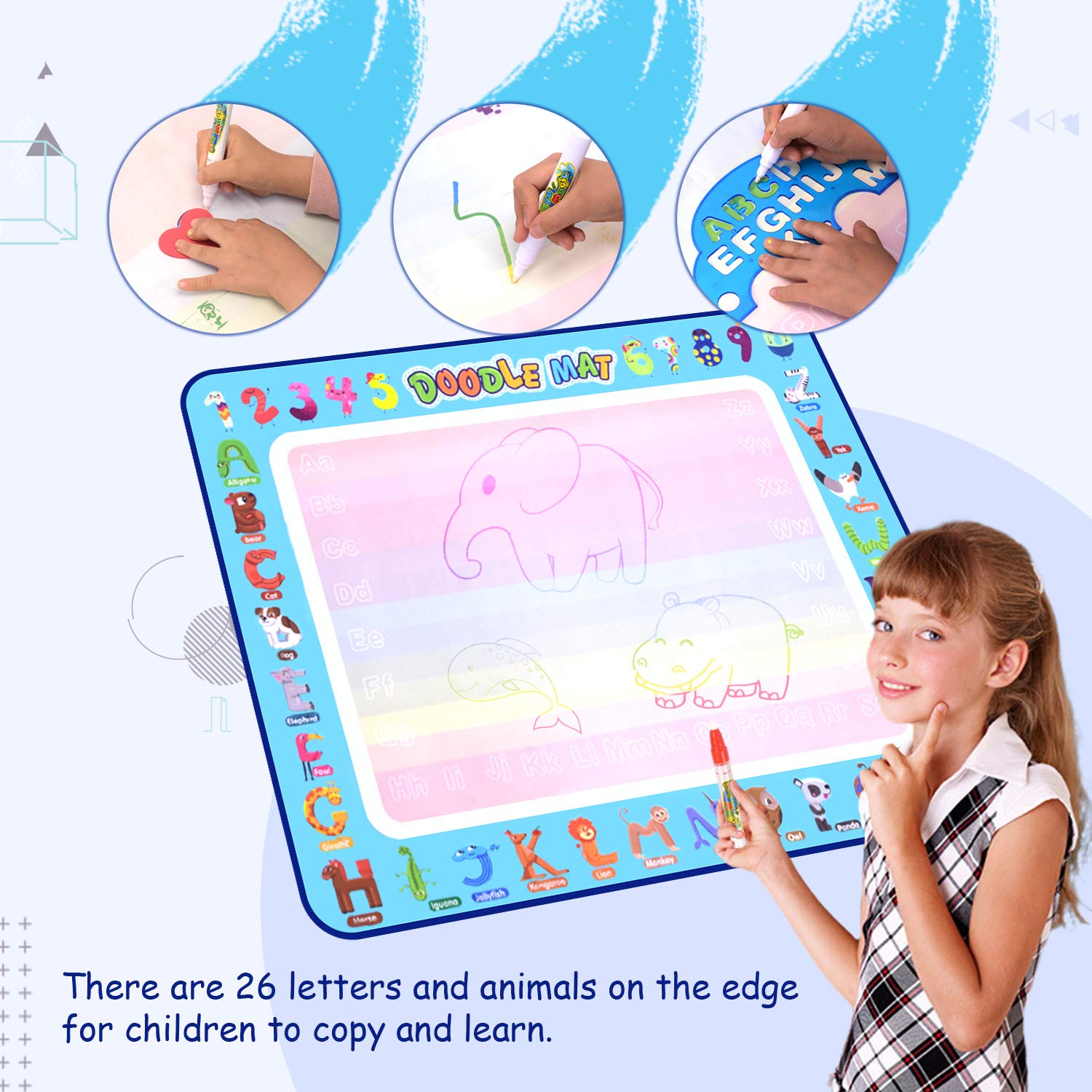 Doodle Mat Large Water Writing Doodle Drawing Mat Neon Colors Board with Drawing Accessories for Kids Toys Toddlers Educational Girls Boys