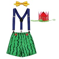 IBTOM CASTLE Baby Boy First Birthday Outfit Watermelon Cows Theme Pants+Y-Back Suspenders+Headband Bowtie Photo Props Costume