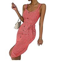 Fall Dresses for Women 2023 Polka Dot Fake Button Split Hem Belted Cami Bodycon Dress Dresses for Women (Color : Red, Size : X-Small)