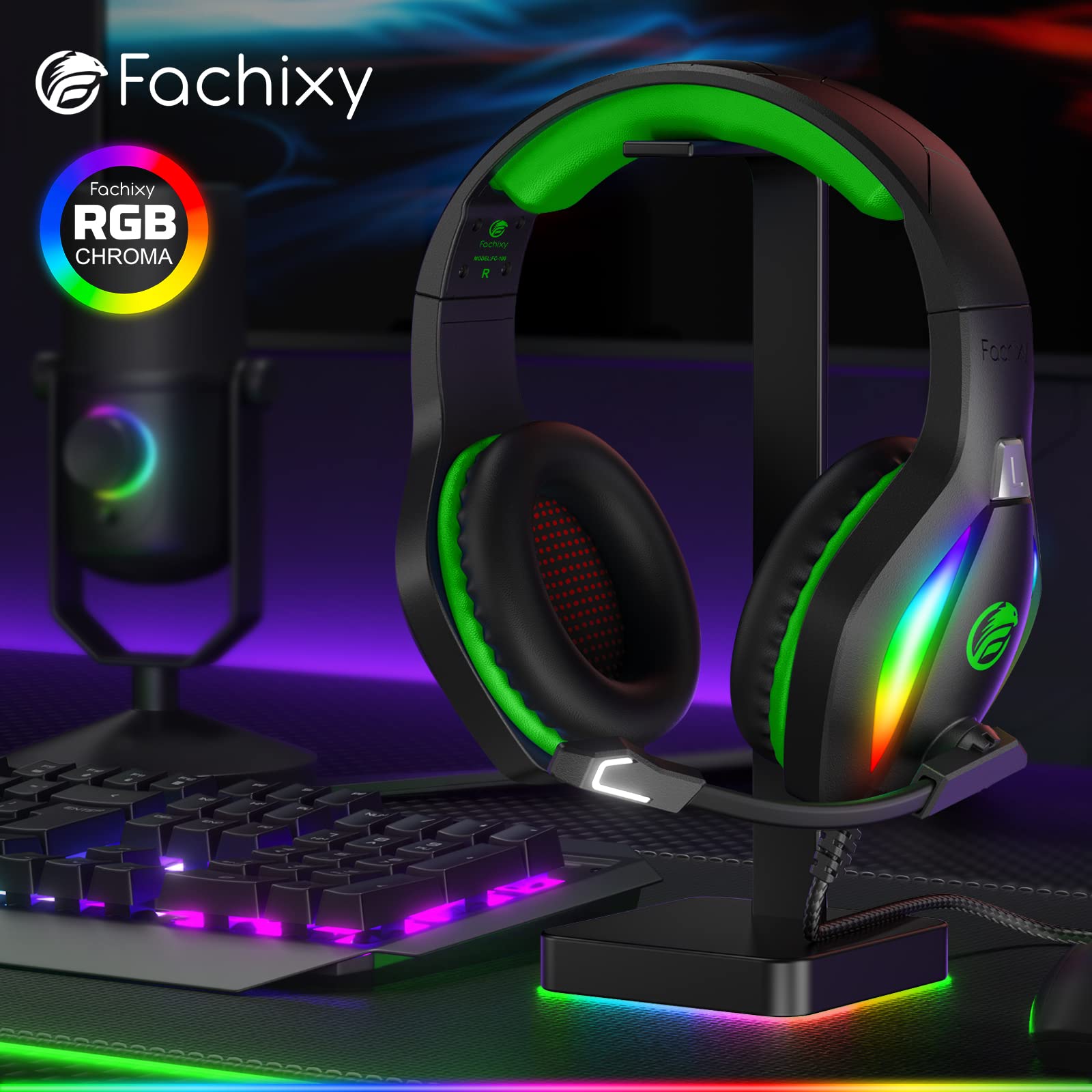 Fachixy Gaming Headset with Microphone for PS4/PS5/PC/Nintendo Switch, Xbox One Headset with RGB Light, Computer Gamer Headset with Mic