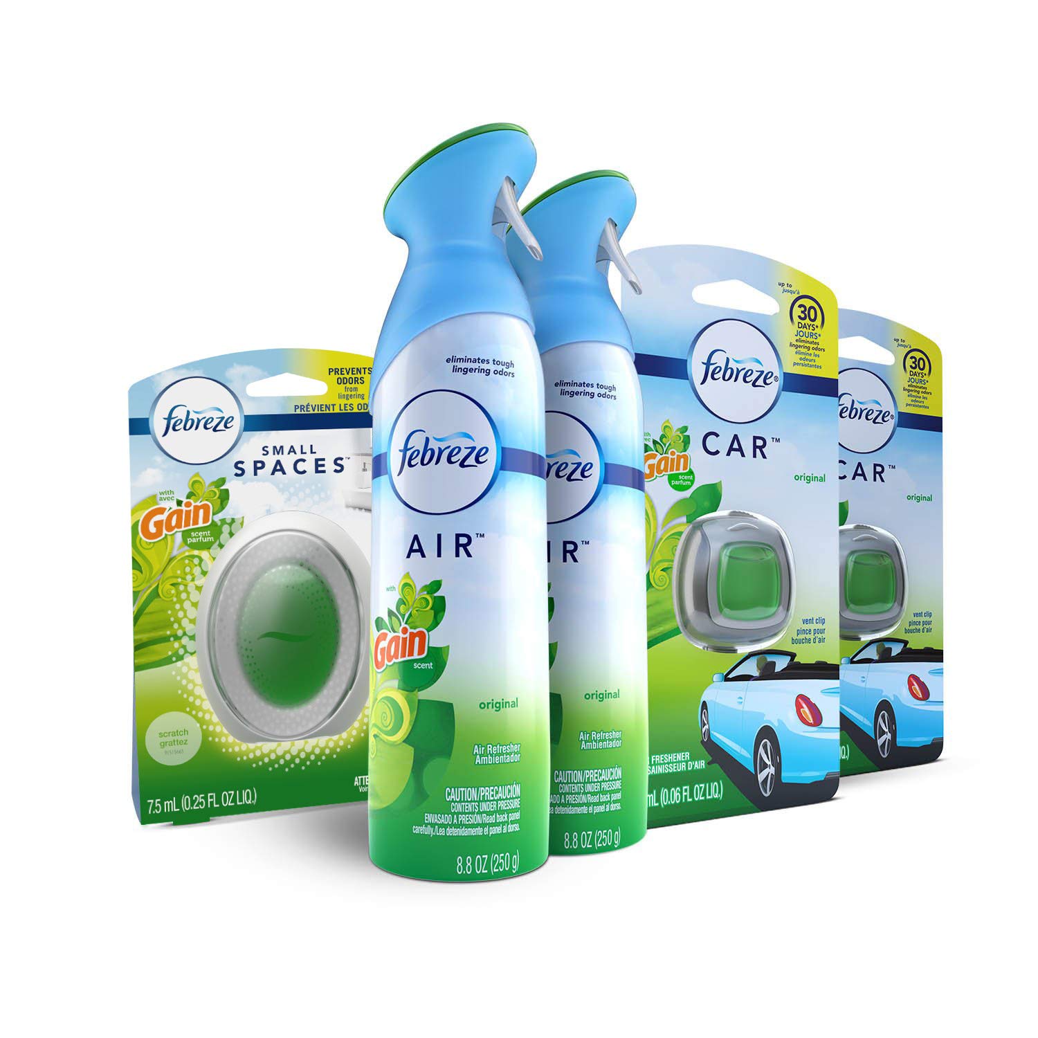 Febreze Air Freshener Bundle, Gain Original (2 Air Effects, 2 Car Vent Clips, 1 Small Spaces Air Freshener Kit)