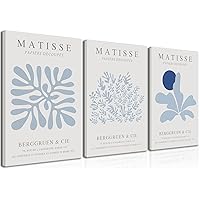 Bwodke Framed Abstract Matisse Blue Plant Leaves Canvas Wall Art Poster Print Poster Set of 3 Flower Market Aesthetic Pictures Minimalist Wall Decor Painting Living Room Bedroom Bathroom (Blue,