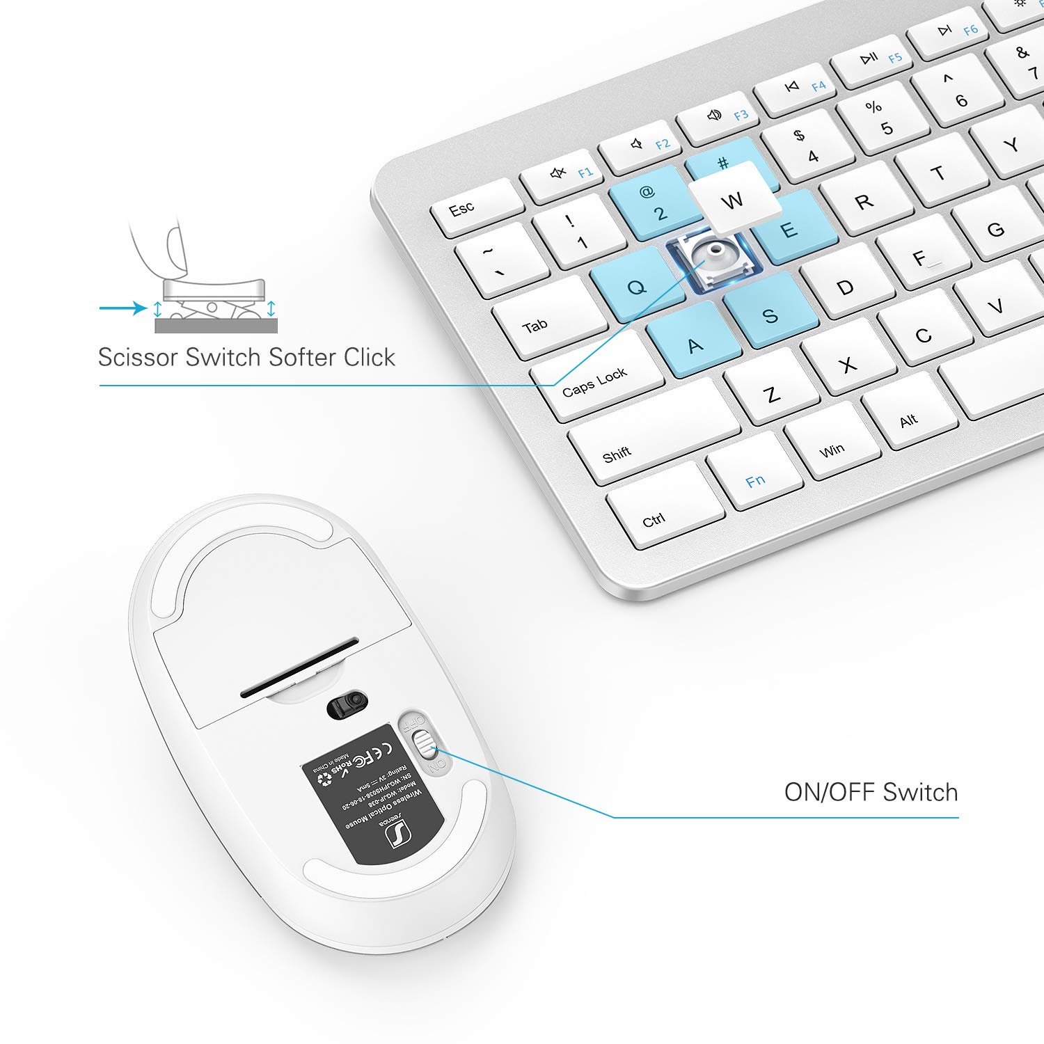 Full Size Slim Thin Wireless Keyboard and Mouse Combo with Numeric Keypad with On/Off Switch - White & Silver