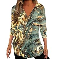 V Neck Summer Tops for Women 3/4 Sleeve Sleeve Pleated Shirts Ombre Print Plus Size Trendy Blouse Dressy Casual