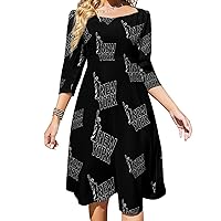 New York Statue of Liberty Midi Dresses for Women Tie Flared A-Line Swing 3/4 Sleeves Cute Sundress