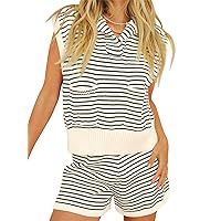 Imily Bela Womens 2 Piece Outfits Sweater Sets Striped Knit Sleeveless Pullover Top Shorts Lounge Set