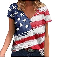 American Flag Shirt Women Patriotic Shirts Vintage USA Flag T-Shirt 4th of July Tee Tops Short Sleeve V Neck Blouse