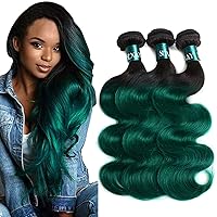 SEXAYHAIR Green Human Hair Brazilian Ombre Body Wave Bundles 1bGreen Virgin Hair 3 Bundles T1b/Green Color Human Hair Bundles Extensions for Women (12 14 16)