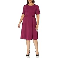 London Times Women's Short Sleeve Crepe Fit and Flare Midi with Waist Button Detail