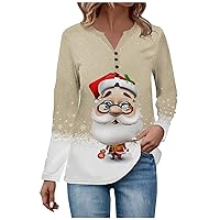 Christmas Tshirts Shirts for Women Festival Long Sleeve V Neck Shirt Casual Button Henley Tees Trendy Clothes