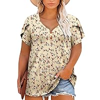 ROSELINLIN Plus Size Womens Tunic Top Short Sleeve V Neck Floral Summer Top