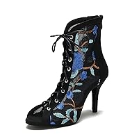 Women's Zipper Ankle Dance Boots Party Ballroom Lace-up Floral Mesh Latin Dancing Peep Toe Shoes