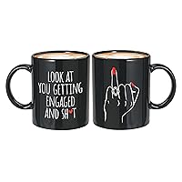 Engagement Two Sided Mug 11oz Black - Look at You Engaged and Sht - Engagement Gift for Her and Him Wedding Planning Mug