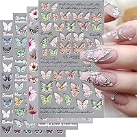 YOSOMK Flower Nail Art Stickers 5D Embossed Nail Decals Colorful Butterfly Nail Accessories Supplies 3D Self-Adhesive Nail Decoration for Women Nail Design（4 Sheets）