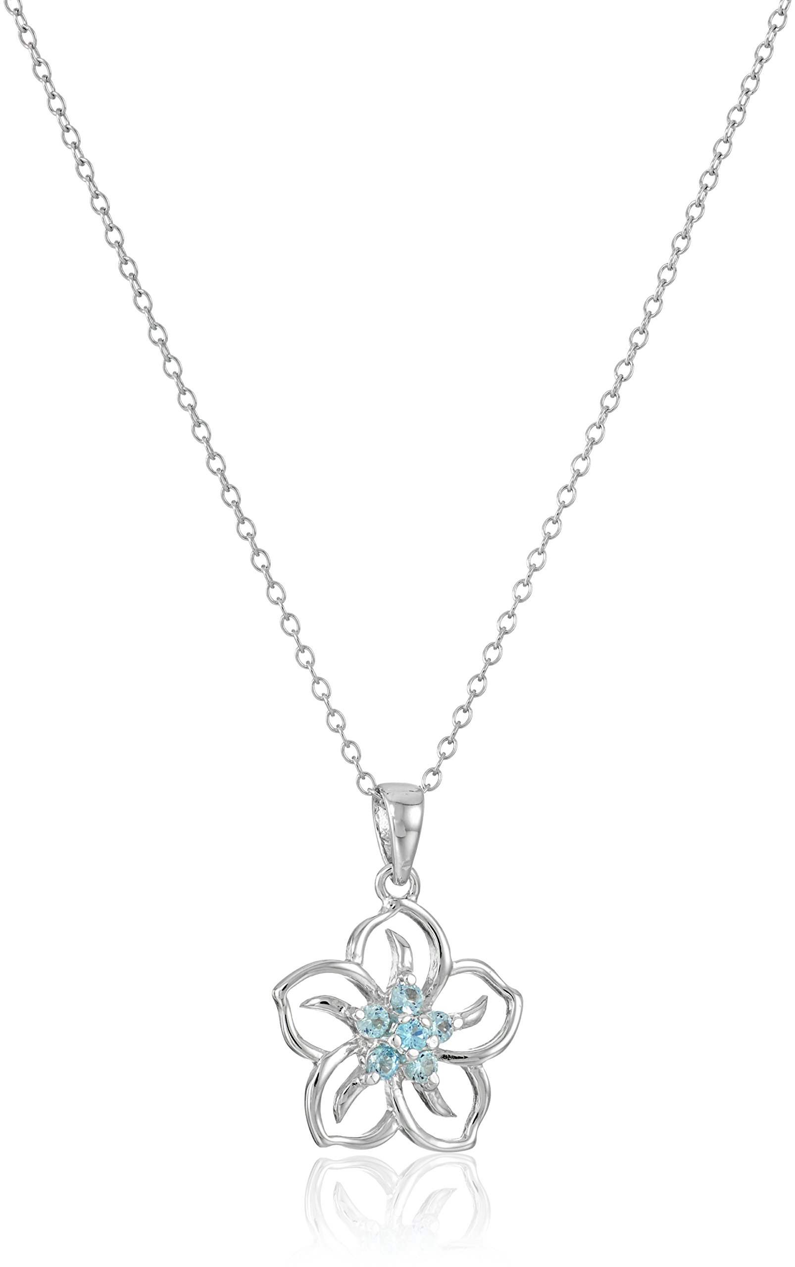 Amazon Collection Sterling Silver Created Aquamarine Flower Pendant Necklace, 18