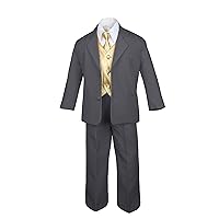7pc Formal Boys Dark Gray Suits Extra Mustard Vest Necktie Sets S-20 (16)