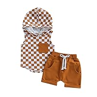 AEEMCEM Toddler Baby Boy Summer Outfit Checkered Sleeveless Hooded Tank Tops Drawstring Shorts Set 2Pcs Summer Clothes