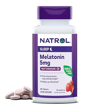 Natrol Melatonin Fast Dissolve Sleep Aid Tablets, Fall Asleep Faster, Stay Asleep Longer, Easy to take, Dissolves in Mouth, Drug Free, 5mg, 90 Strawberry Flavored Tablets