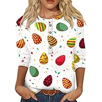 3/4 Sleeve Blouse Ladies Tunic O-Neck Tee Dressy Tshirt Easter Print Casual Fashion Tops Summer Trendy Shirt