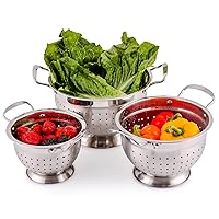 OVENTE Premium Stainless Steel Colander Set of 3 Deep Kitchen Strainer, 1.5, 3 & 5 Quarts Metal Bowl Drainer with Handle for Pasta, Fruit, Noodle, Meal Prep, Silver C46263S