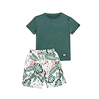 SweatyRocks Boy's 2 Piece Outfits Short Sleeve Crewneck Tee and Tropical Print Shorts Set