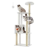 WoodyWonders Cat Tree, 65-Inch Modern Cat Tower for Indoor Cats, Multi-Level Cat Condo with 5 Scratching Posts, Perch, Washable Removable Cushions, Cat Furniture, Cloud White UPCT166W01
