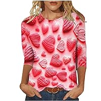 Round Neck Valentine's Clothes for Teen Girl Relaxed Fit Heart Print Blouse Shirts 3/4 Sleeves Lounge Wear Blouse Tops