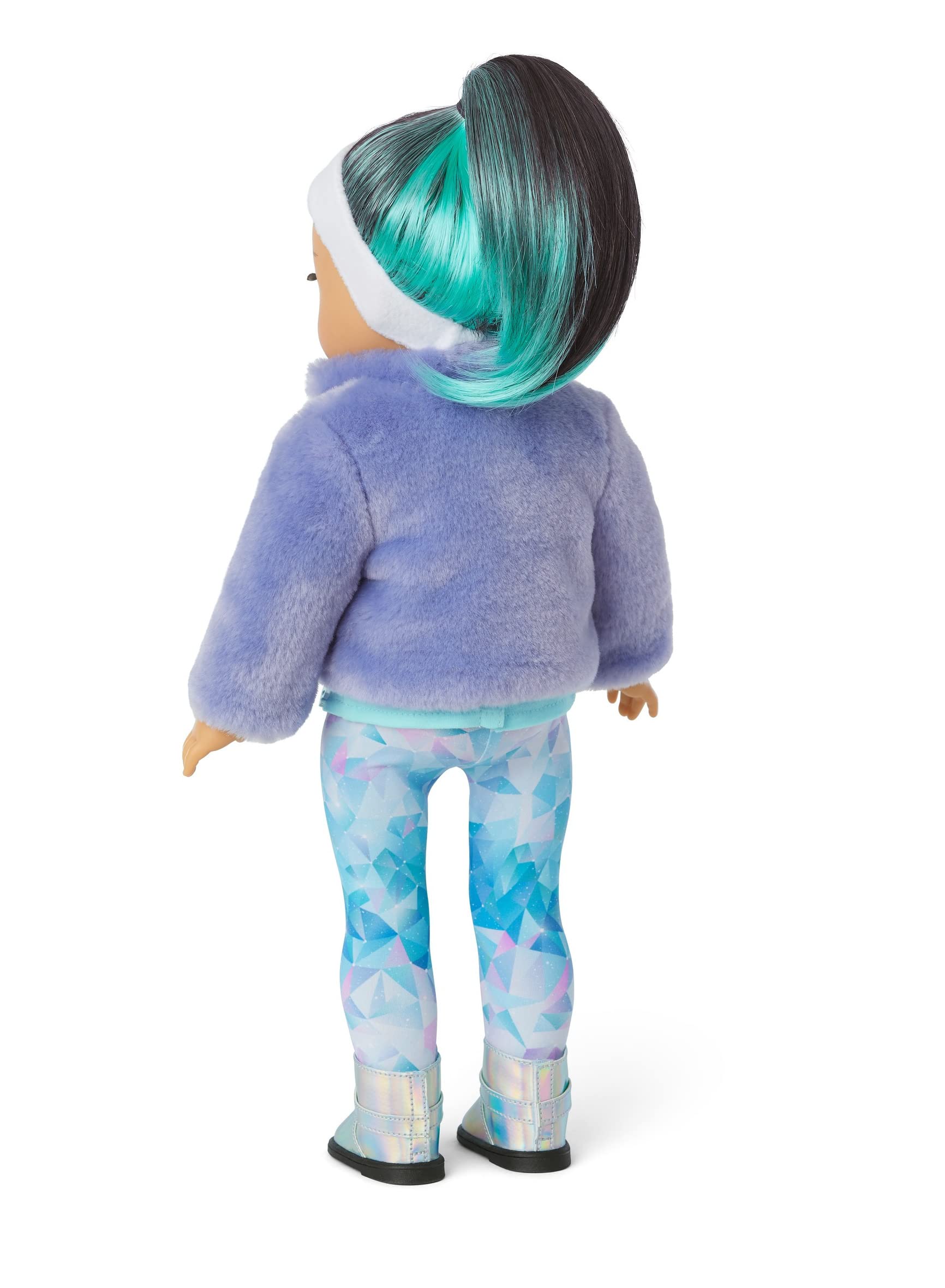 American Girl 2022 Girl of The Year Corinne’s Casual Outfit for 18-inch Dolls with a Purple Coat, and a Pale Blue Short-Sleeved tee, a Pair of Multicolored Print Leggings, White Fleece Headband