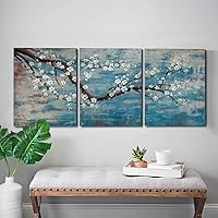 3 Piece Wall Art Hand-Painted Framed Flower Oil Painting On Canvas Gallery Wrapped Modern Floral Artwork for Living Room Bedroom Décor Teal Blue Lake Ready to Hang 12