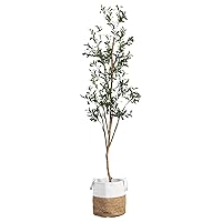 Nearly Natural Olive Tree Artificial Indoor 7FT Tall with Jute Basket Planter Fake Olive Tree for Home & Office Decor, Faux Olive Tree with Natural Wood Trunk, Realistic Olive Tree Branches and Fruit