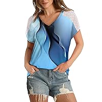 Lace Short Sleeve Shirts for Women Sexy V Neck T Shirts Floral Printed Graphic Tees Blouses Trendy Going Out Tops 2024