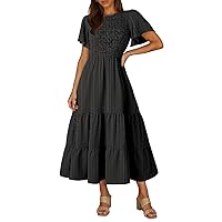 Pink Queen Women's Casual Maxi Dresses with Pockets Ruffle Sleeve Smocked Dress