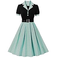 Women 1950s Button Lapel Vintage Swing Cocktail Dress 50s 60s Polka Dot Rockabilly Prom Midi Evening Dress with Belt