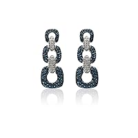 925 Sterling Silver Round Natural White and Blue Diamond Pave Set Square Drop Dangle Journey Earrings Screw Back (2.00 cttw,G-H Color, P2 Clarity)