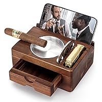 Cigar Ashtray, Wooden Cigar Ashtrays with Cigar Cutter, Phone Tablet Holder, Cigar Holder, Accessories Drawer and Lighter Slot, Home Bar Outdoor Ashtray, Great Cigar Accessories Gift for Men