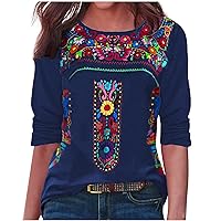 Mexican Embroidered Tops for Women Dressy Casual Ethnic Style Blouse Boho Floral Print Loose Comfy Tunics Tees Shirt