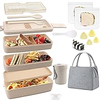 35Pcs Bento Box Japanese Lunch Box Kit Leakproof Bento Lunch Box for Kids Adults Wheat Straw 3 Layer Stackable Lunch Containers with Compartment Eco-Friendly Meal Prep Containers (Beige)