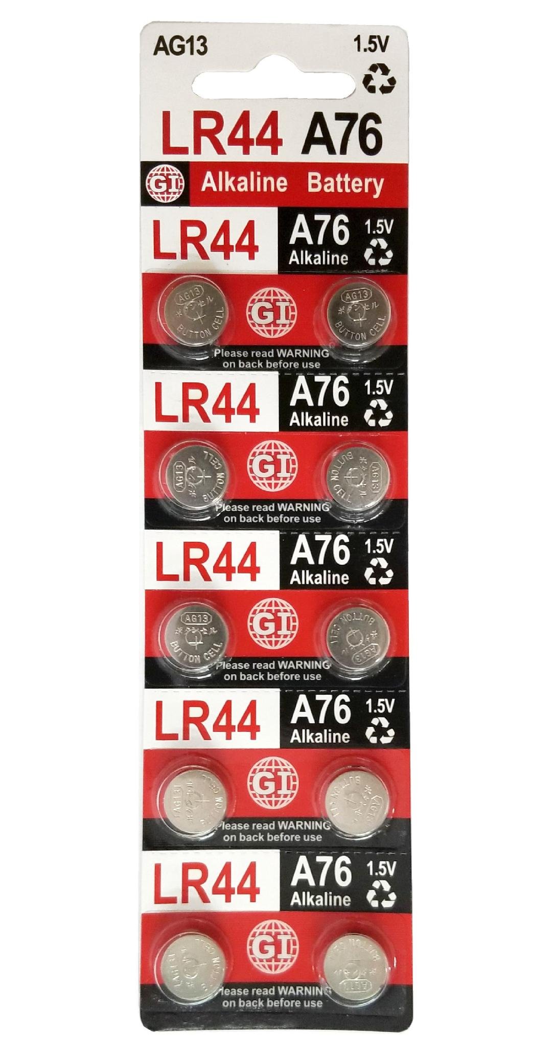 GI LR44 A76 AG13 1.5 Volt Alkaline Button Cell Batteries for Watches Clocks Remotes Games Controllers Toys & Electronic Devices (10)