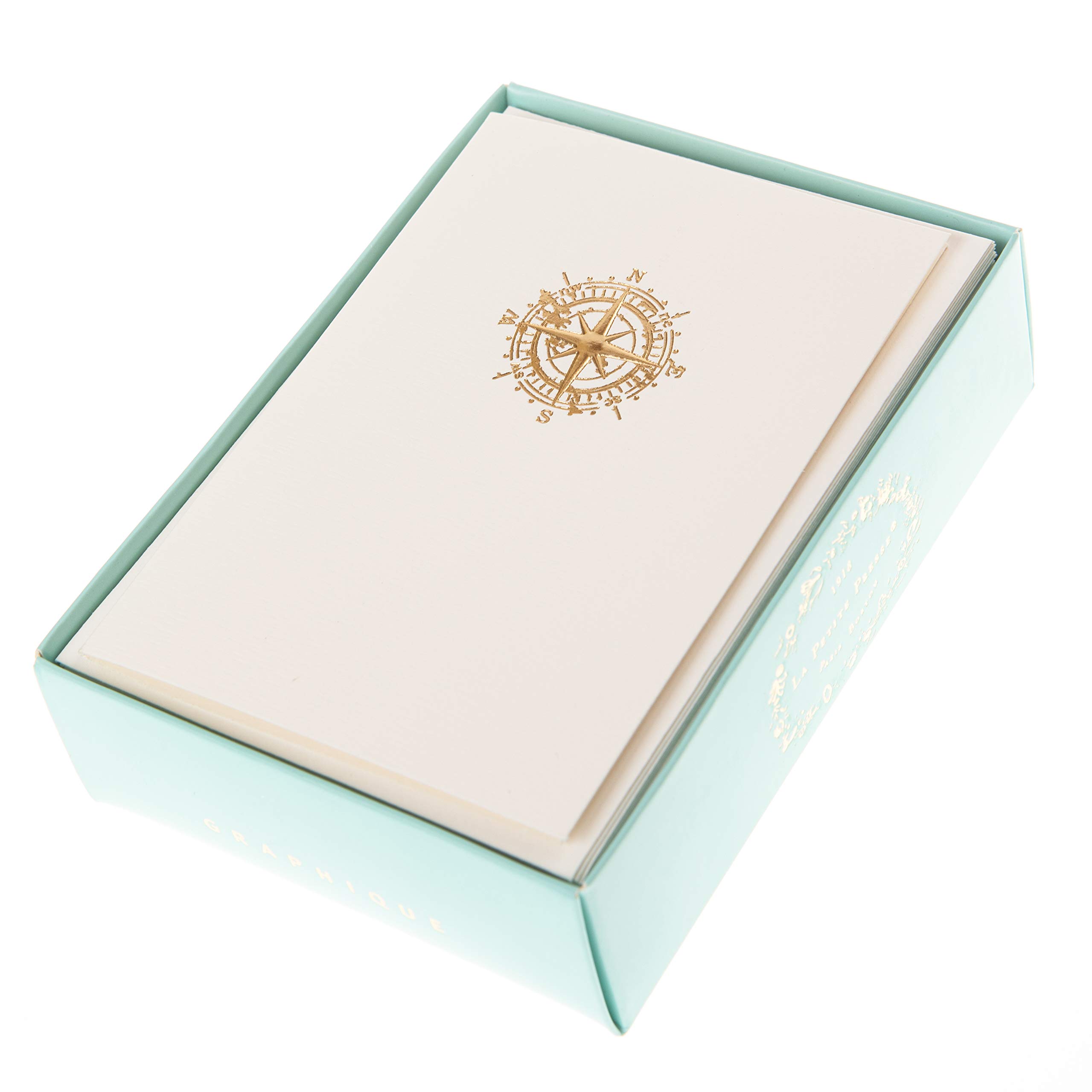 Graphique Nautical La Petite Presse Boxed Notecards - 10 Embossed and Embellished Gold Foil Compass Blank Cards with Matching Envelopes, 3.25