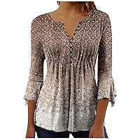 Ceboyel Womens Tops 3/4 Length Sleeve T Shirts Floral Print Tunic Blouse Dressy Causal Ladies Peasant Clothing 2023