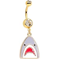 Womens 14G PVD Steel Navel Ring Piercing Clear Accent Attack Shark Dangle Belly Button Ring